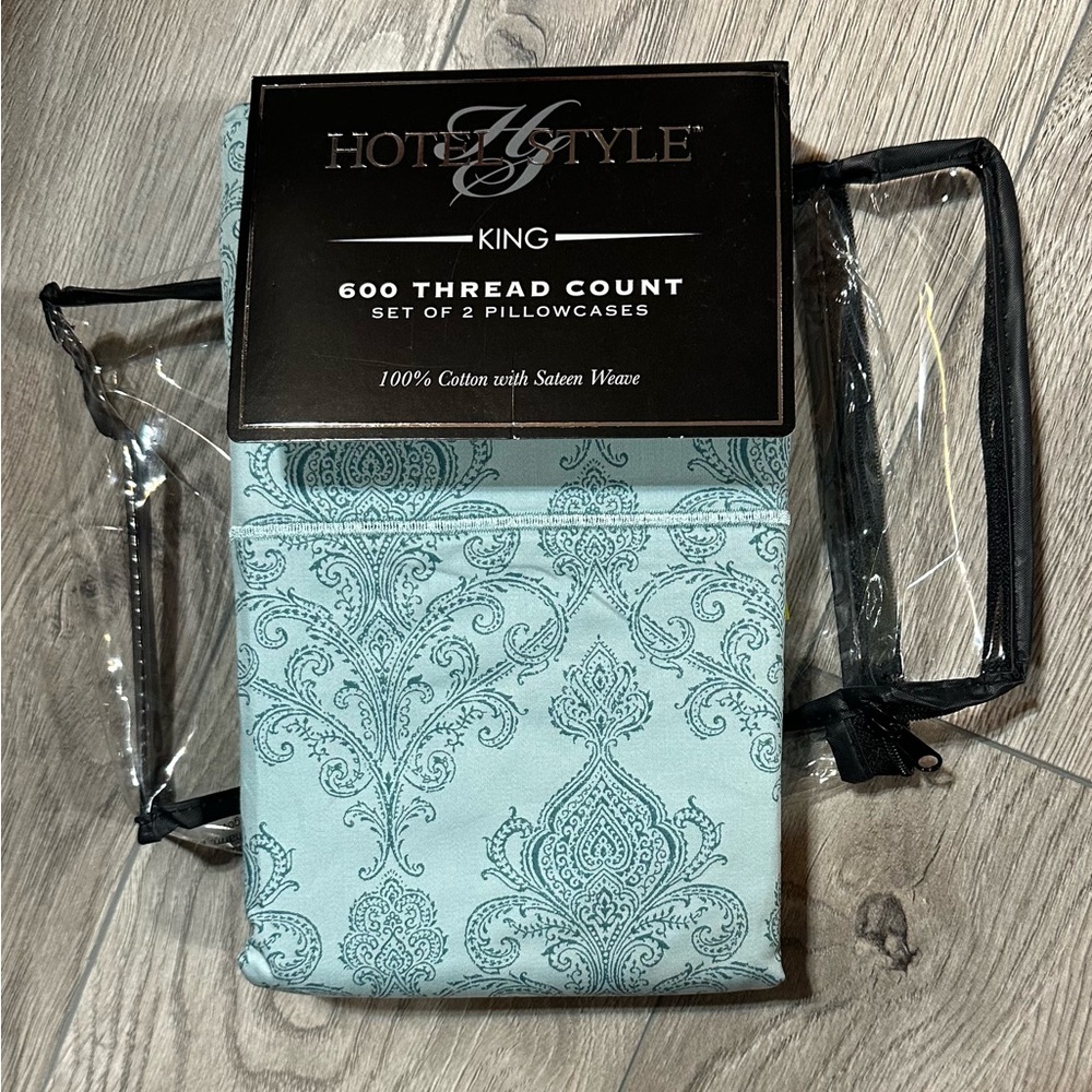 Hotel Style 600 Thread Teal Paisley Cotton Sateen-Weave King Pillowcase, (2) NWT